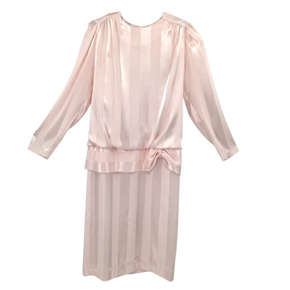 Alexis Women's Pink 11/12 Satin Stripe Blouson Puffed Shoulder Dress 80’s Vtg - Picture 2 of 9
